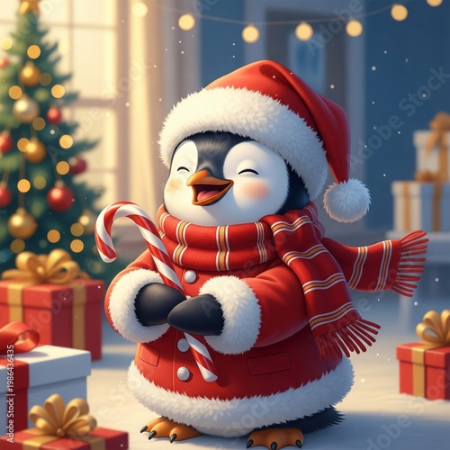 Cartoon Penguin in Red Christmas Outfit with Candy Cane