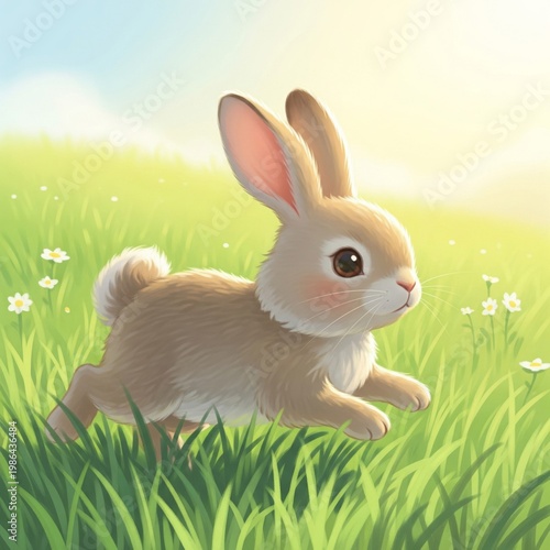 Tan Rabbit Running on Green Grass with White Flowers in Daylight
