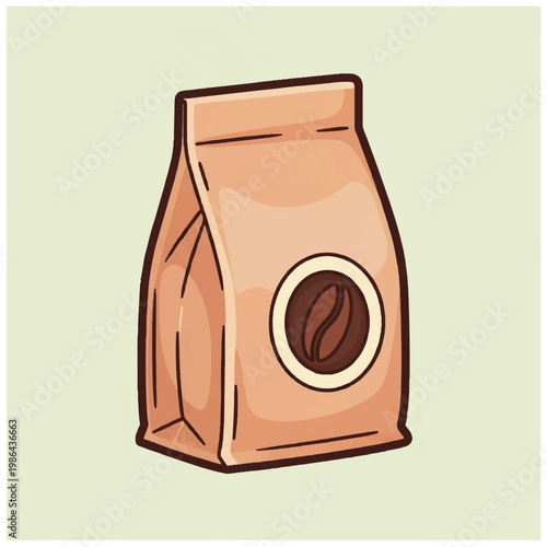 A simple illustration of a brown paper bag of coffee beans with a circular window showing a coffee bean.