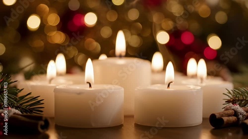 Multiple white burning candles glowing in a warm festive setting with Christmas tree bokeh lights, pine branches, and aromatic cinnamon sticks.