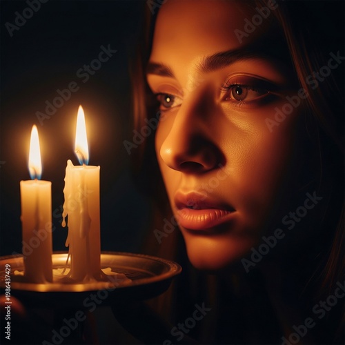 Pensive Woman with Candle Light in Dark Background Glowing Skin