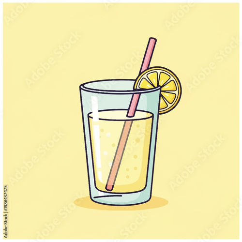 A refreshing glass of lemonade with a lemon slice and straw, on a pale yellow background.