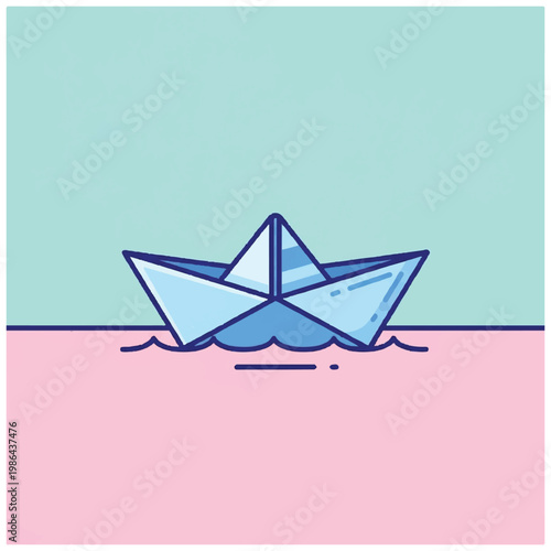 A simple blue paper boat floats on gentle waves against a pastel background.