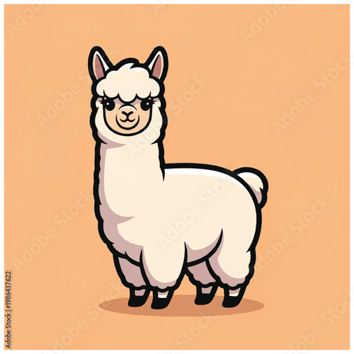 Cute cartoon illustration of a fluffy white llama standing on an orange background.