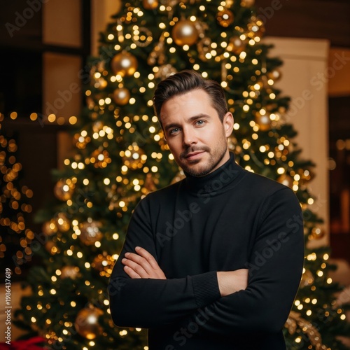 Portrait of Young Man in Black Turtleneck Near Decorated Christmas