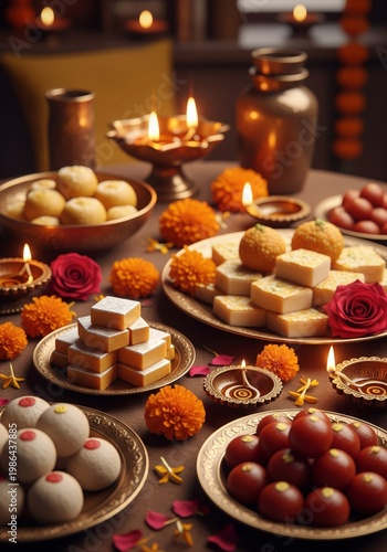 Festive Display of Indian Sweets and Diyas for Celebration