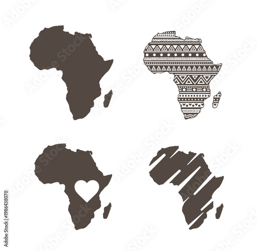 Africa continent maps in different styles and designs on white background
