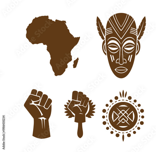 African culture symbols and icons in brown on white background