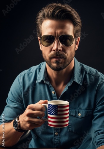 Man Holding American Flag Mug Wearing Blue Shirt in Dark Studio