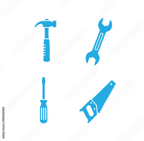 blue icons of hammer wrench screwdriver and handsaw on white background