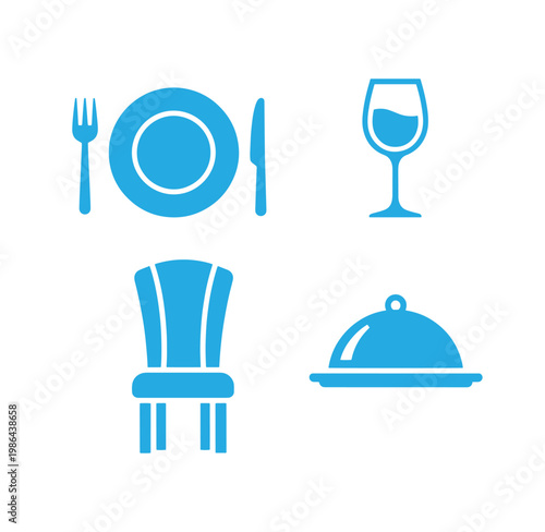 blue icons of restaurant table settings and dining utensils on white background