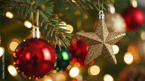 Close-up of a festive Christmas tree decorated with a glossy red bauble and gold glittery star, surrounded by warm bokeh lights in a cozy indoor setting.