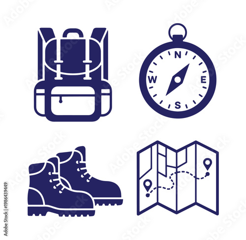 hiking backpack compass boots map travel outdoor adventure navigation trekking exploration  essential tools for wilderness expeditions