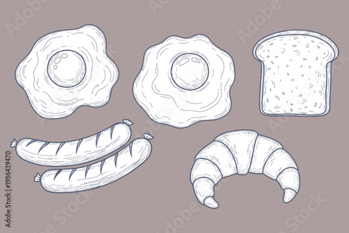 Sketch of various breakfast foods including eggs, sausages, bread, and croissant