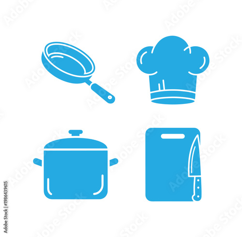 kitchen utensils and cookware icons including frying pan pot chef hat cutting board