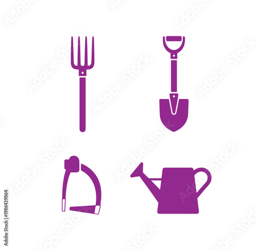 Purple gardening tools icons including fork shovel pruners watering can on white background