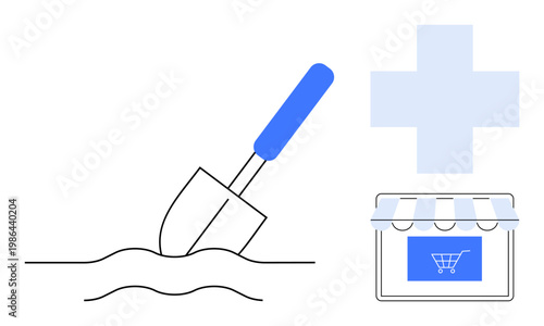 Online shopping, healthcare, farming, business growth, innovation, economic progress. A shovel digging into soil, a medical cross and a store icon. Farming and e-commerce thematic elements