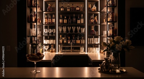 Illuminated Home Bar with Liquor Bottles and Flower Vase