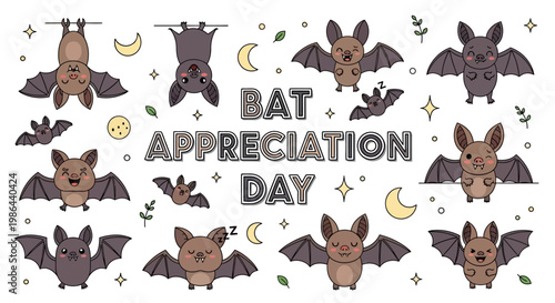 A whimsical vector illustration celebrating Bat Appreciation Day, featuring cute cartoon bats in various poses, set against a clean white background with crescent moons and stars