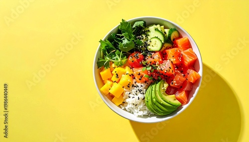 Delicious poke bowl with fresh salmon, mango, avocado and rice, perfect for healthy food concept and urban lifestyle.fresh vegetable salad