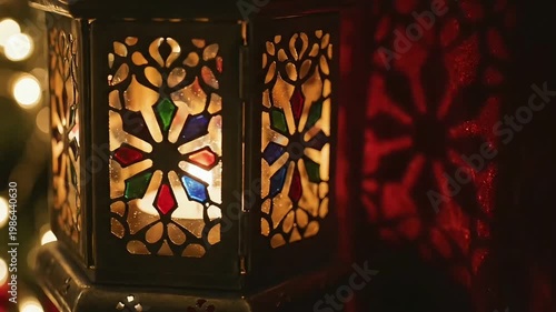 Traditional Arabic lantern with colorful stained glass glowing with warm candle light featuring decorative shadows and bokeh for Ramadan and Eid celebration