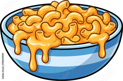 Photos Cheesy Macaroni and Cheese in Blue Striped Bowl Cartoon Vector Illustration