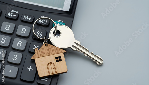Concept of selling and renting housing and real estate. Mortgage loan. Calculator with keys and a keychain in the shape of a house on a gray background. Banner format. Space for text.