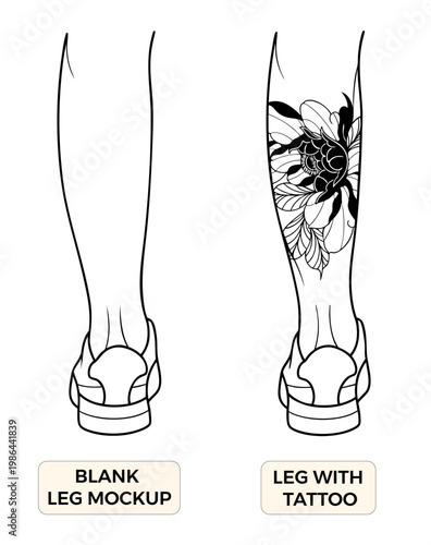 Human leg tattoo mockup template with blank skin and floral design version