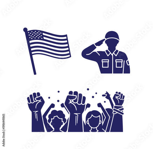 American flag and people protesting with soldier saluting  social issues concept