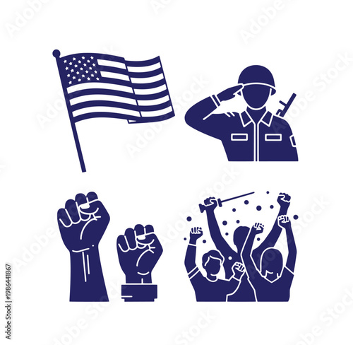 American patriotism and protest symbols  flag soldier fists and celebrating people