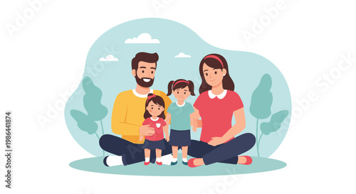 Happy Family Sitting Together Outdoors Smiling.