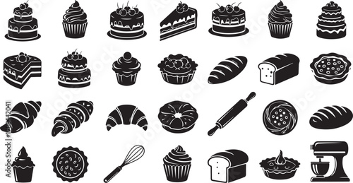 Black and white bakery icons and desserts collection