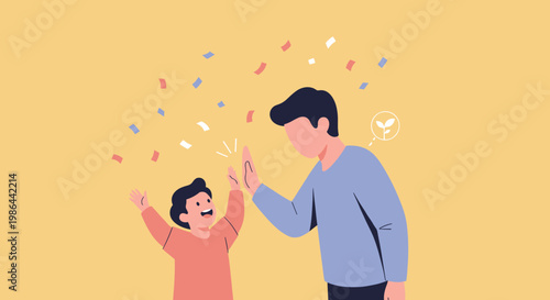 Father and child high five together.