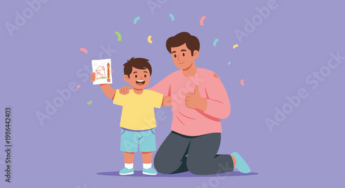 Happy father and son celebrating achievement.
