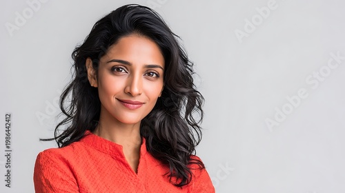 Confident indian woman smiling in a red patterned top for a high resolution commercial studio portrait featuring sharp focus and professional lighting