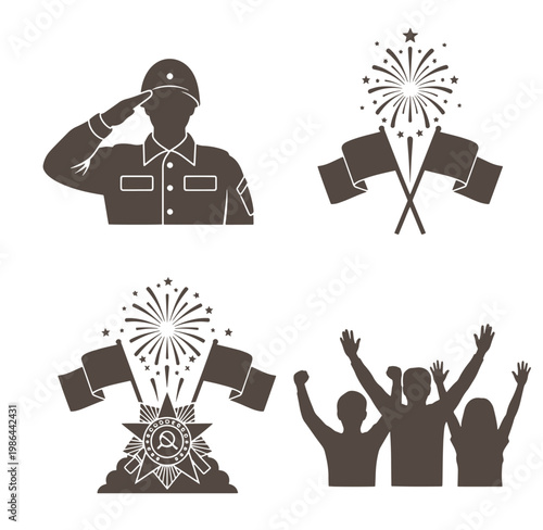 Independence day celebration symbols with soldier saluting flags fireworks and people cheering  patriotic icons