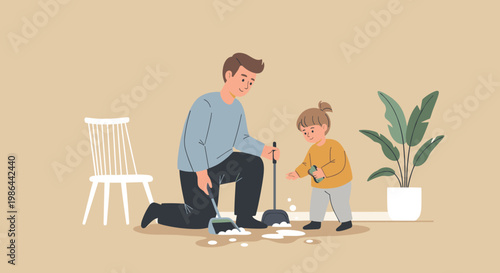 Father and son cleaning together.