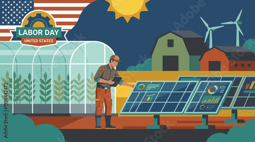 USA Labor Day Illustration with Sustainable Farming and Clean Energy