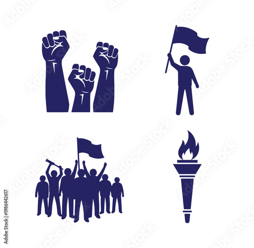protest movement symbols with fists flags and torch on white background