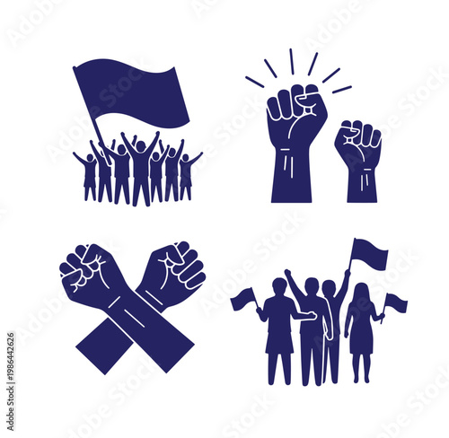Protest movement symbols with raised fists and waving flags  activism and solidarity icons