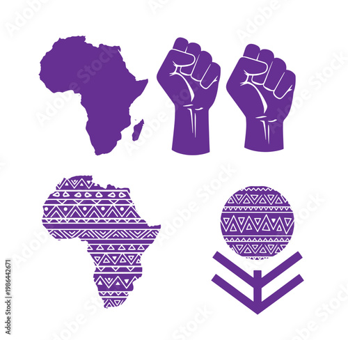 Purple African continent and raised fists with tribal patterns on white background
