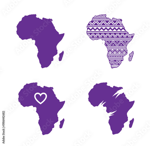 Purple African continent maps with various designs on white background
