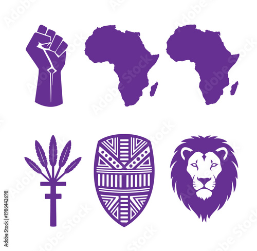 Purple African symbols and icons including fist shield lion head and continent maps