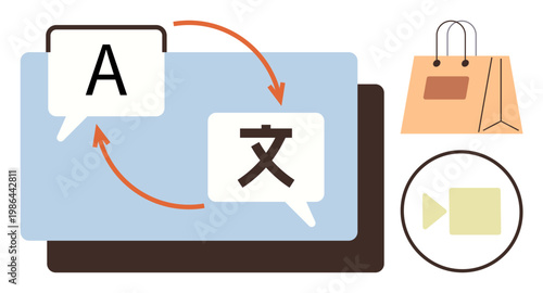 Language learning, translation services, global ecommerce, digital content, technology, video communication. Speech bubbles with translation icons and shopping bag. Language learning and translation