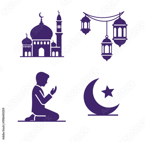Ramadan Kareem icons set with mosque lanterns and crescent moon