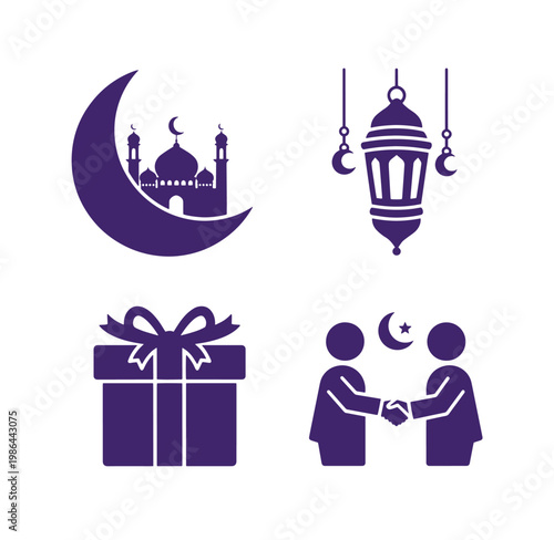 Ramadan Kareem icons set with mosque moon lantern gift and handshake