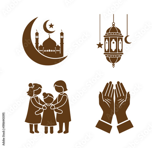Ramadan Kareem illustration with mosque crescent moon star lantern and praying hands