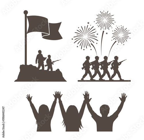 Silhouette illustrations of people celebrating and soldiers with flag and fireworks