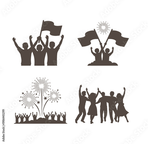 Silhouette illustrations of people celebrating with flags and fireworks at a festival or event in a joyful atmosphere  people rejoice