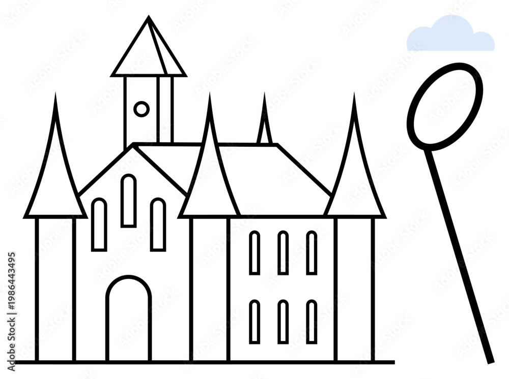 Naklejka premium Architecture, fantasy, storytelling, history, travel, and design inspiration. An outlined medieval castle with tall spires and a balloon near a cloud. Architecture and fantasy